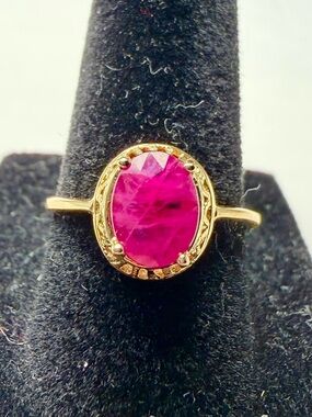 Natural Ruby Oval Halo Ring Solid 10K Yellow Gold Size 7.5 1.40ct Prong Set